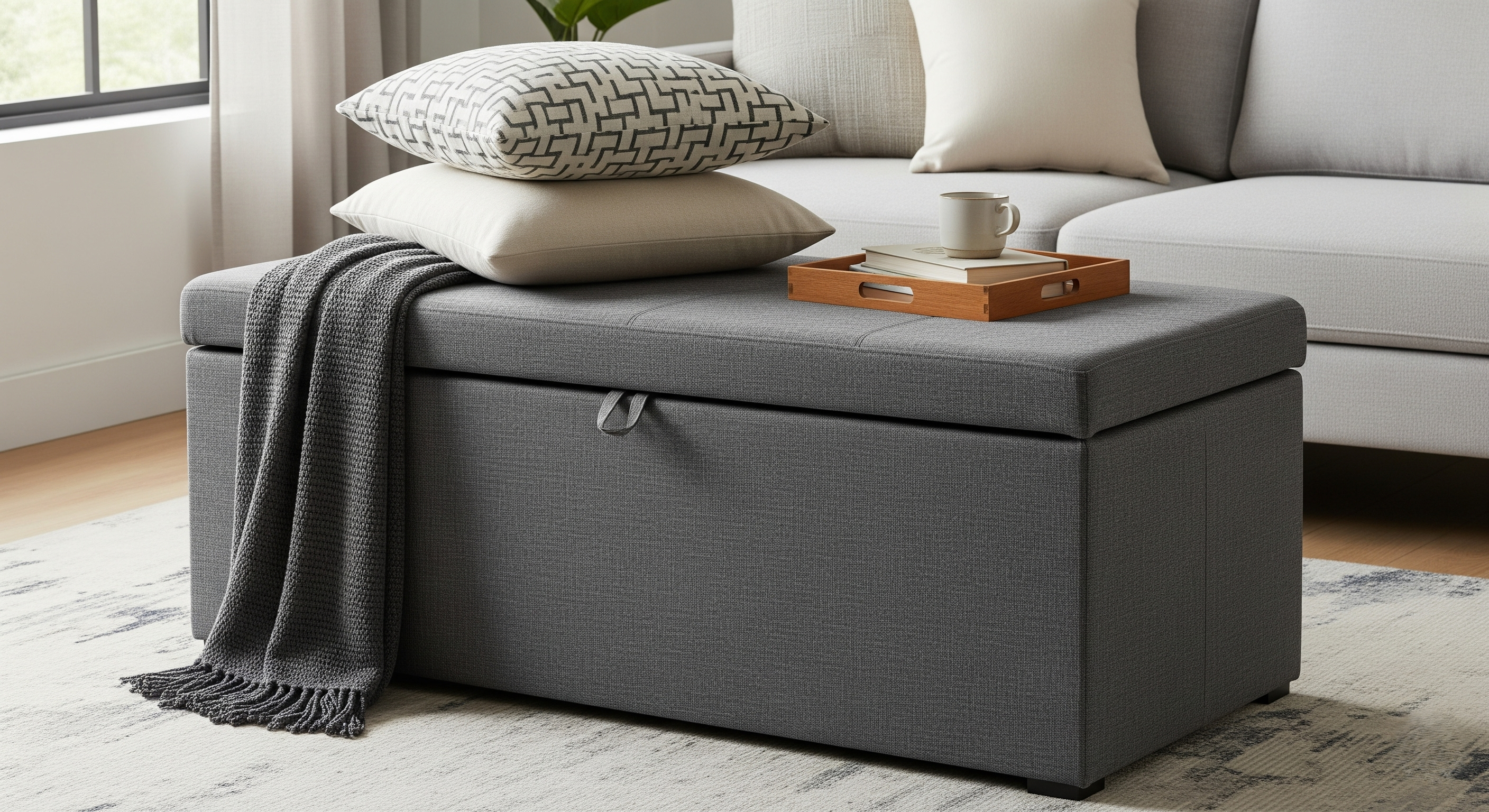Upholstered storage ottoman with removable top in a living room setting